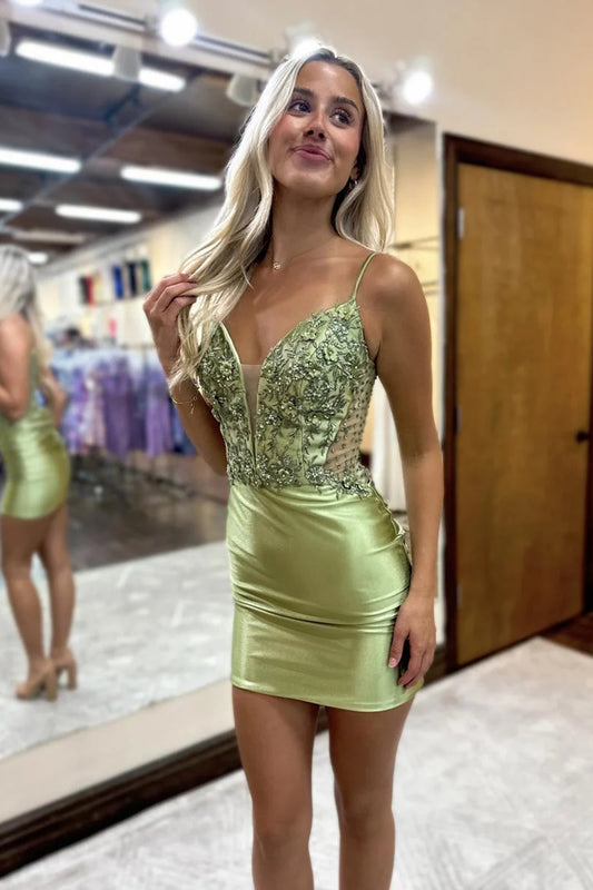 Sparkly Sage Tight Short Homecoming Dress with Lace