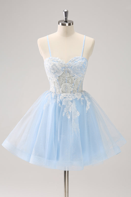 Blue Sparkly Corset A Line Short Homecoming Dress with Lace