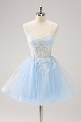 Blue Sparkly Corset A Line Short Homecoming Dress with Lace