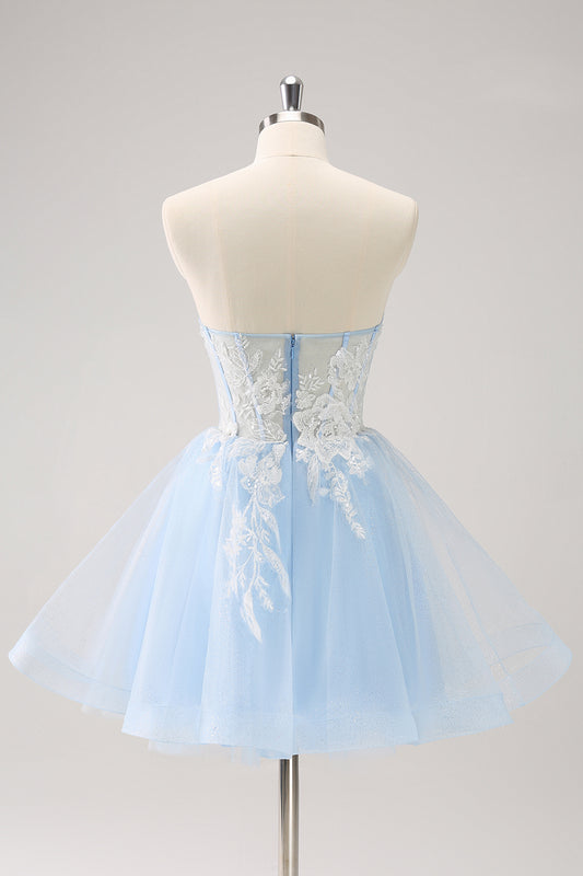 Blue Sparkly Corset A Line Short Homecoming Dress with Lace