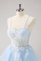 Blue Sparkly Corset A Line Short Homecoming Dress with Lace