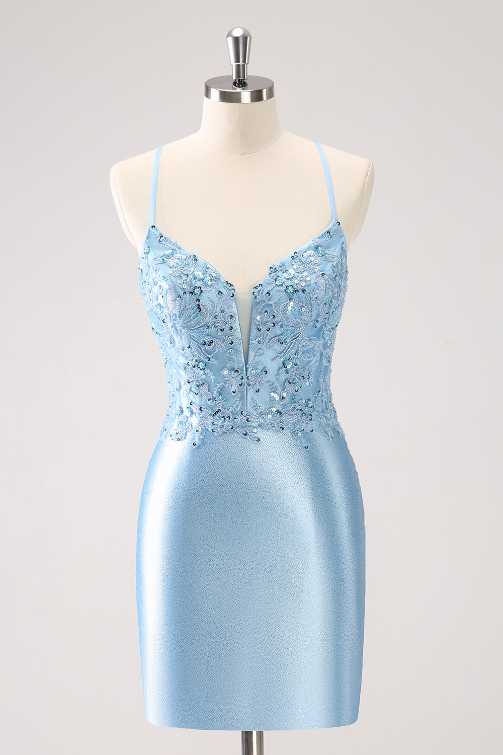 Blue Sparkly Sequined Tight Short Homecoming Dress with Lace