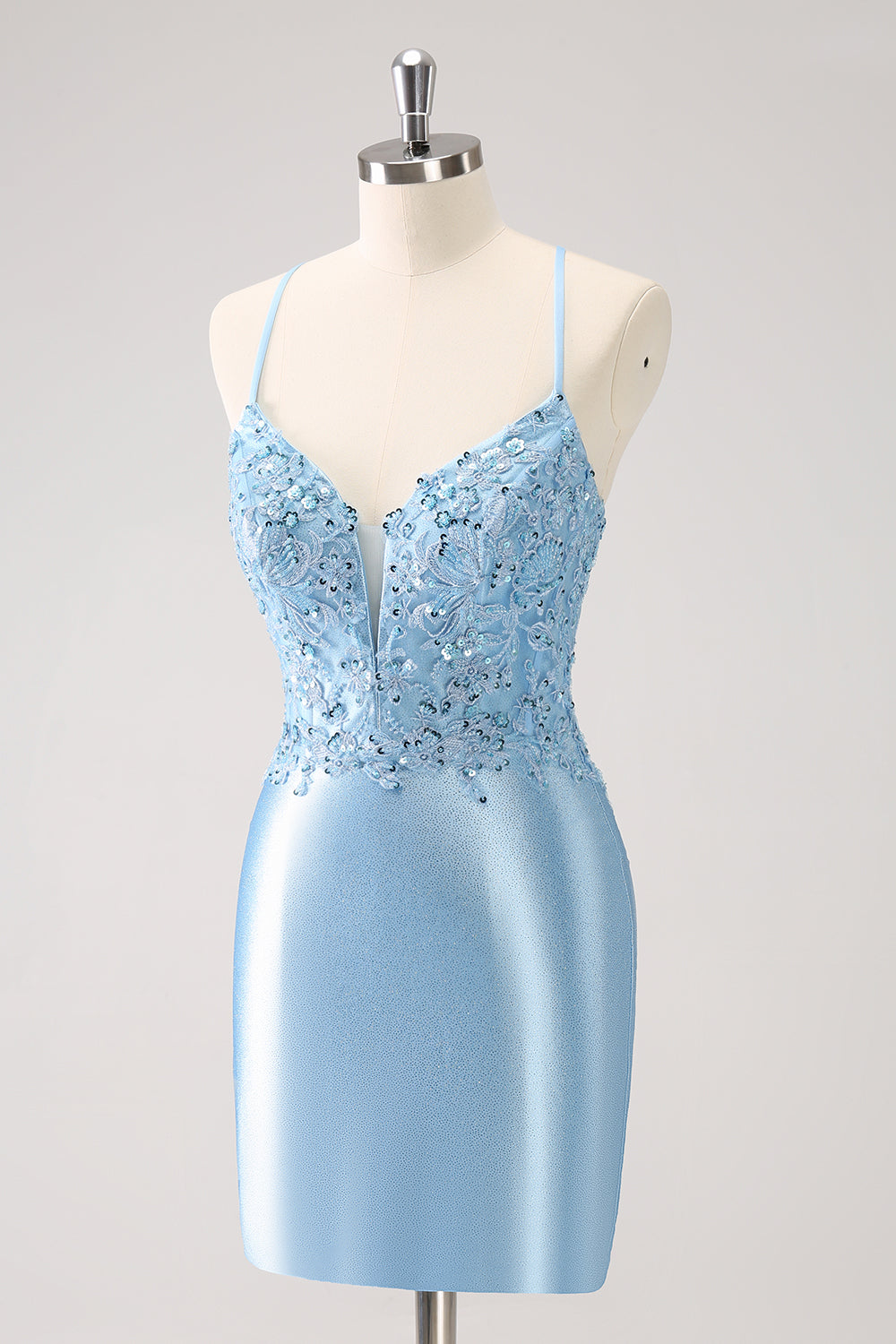 Blue Sparkly Sequined Tight Short Homecoming Dress with Lace