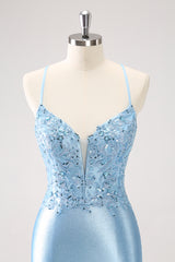 Blue Sparkly Sequined Tight Short Homecoming Dress with Lace