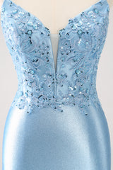 Blue Sparkly Sequined Tight Short Homecoming Dress with Lace