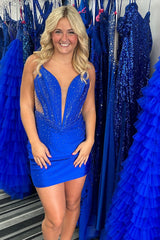 Sparkly Royal Blue Spaghetti Straps Tight Short Homecoming Dress with Beadings