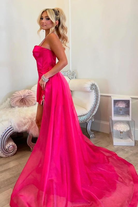 Hot Pink Spaghetti Straps High Low Homecoming Dress