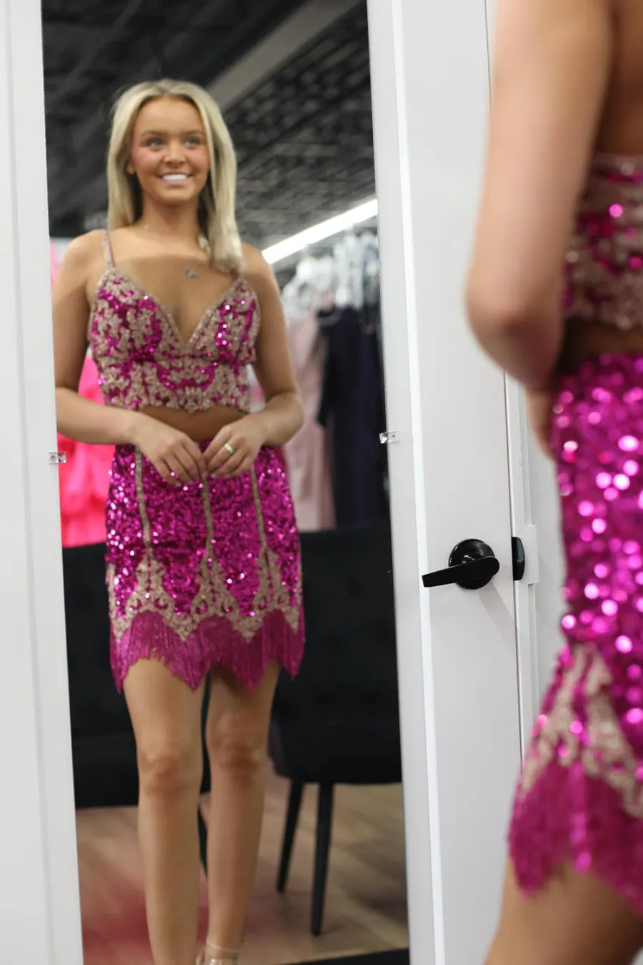 Sparkly Fuchsia Spaghetti Straps Bodycon Short Homecoming Dress with Fringe