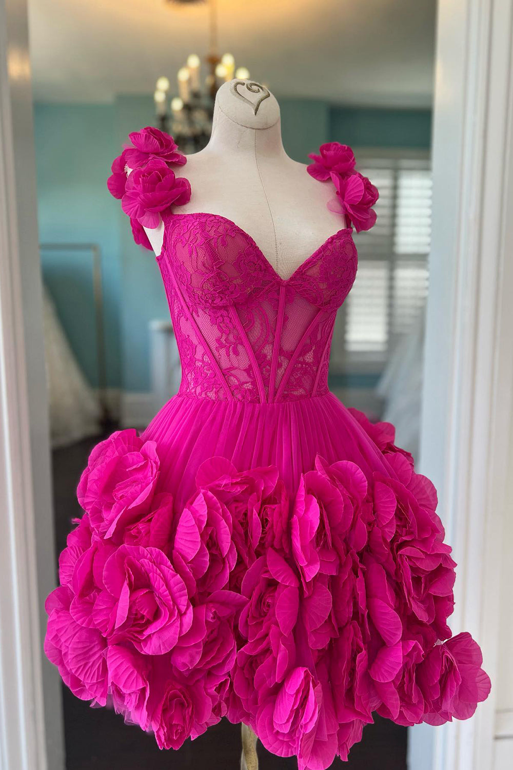 Fuchsia Corset Floral Ruffled Short Homecoming Dress with Lace