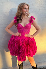 Fuchsia Corset Floral Ruffled Short Homecoming Dress with Lace