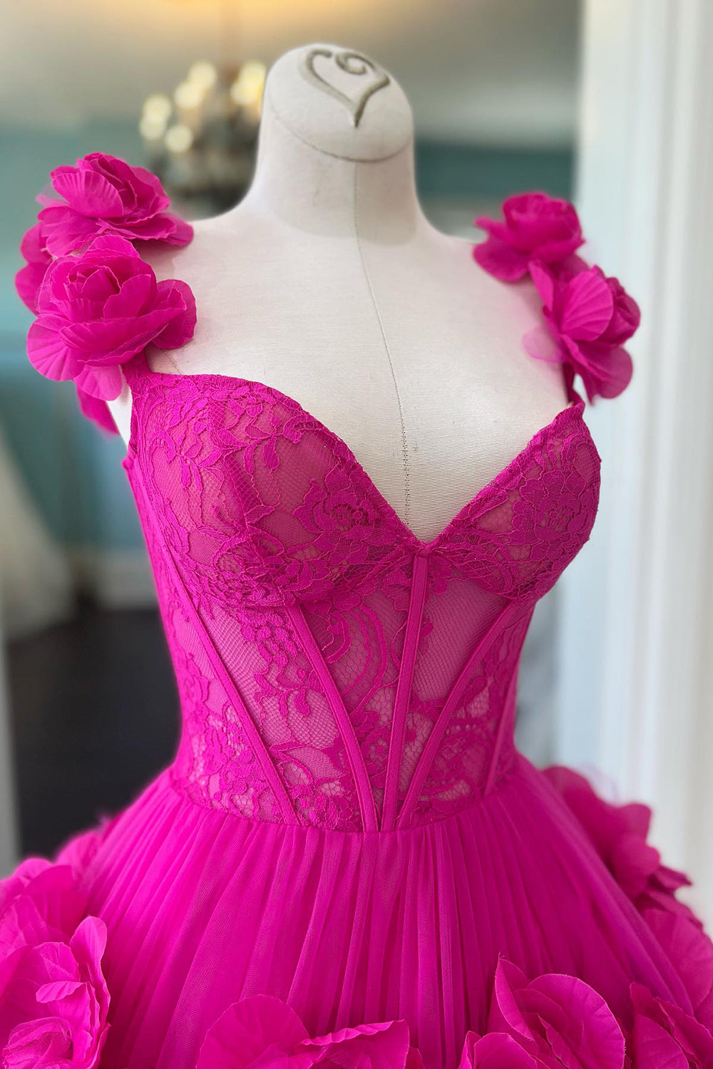 Fuchsia Corset Floral Ruffled Short Homecoming Dress with Lace