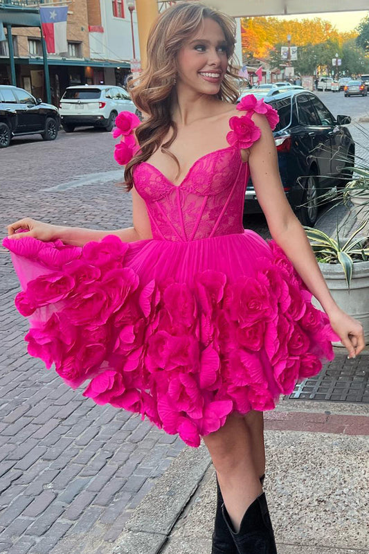 Fuchsia Corset Floral Ruffled Short Homecoming Dress with Lace