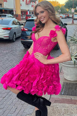 Fuchsia Corset Floral Ruffled Short Homecoming Dress with Lace