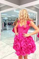 Fuchsia Corset Floral Ruffled Short Homecoming Dress with Lace