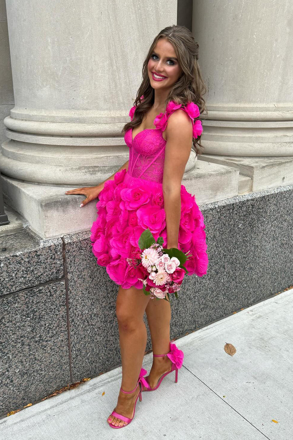 Fuchsia Corset Floral Ruffled Short Homecoming Dress with Lace