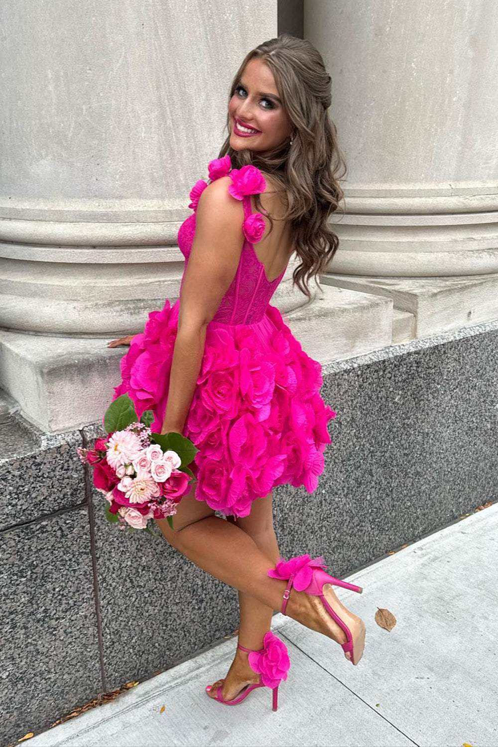 Fuchsia Corset Floral Ruffled Short Homecoming Dress with Lace