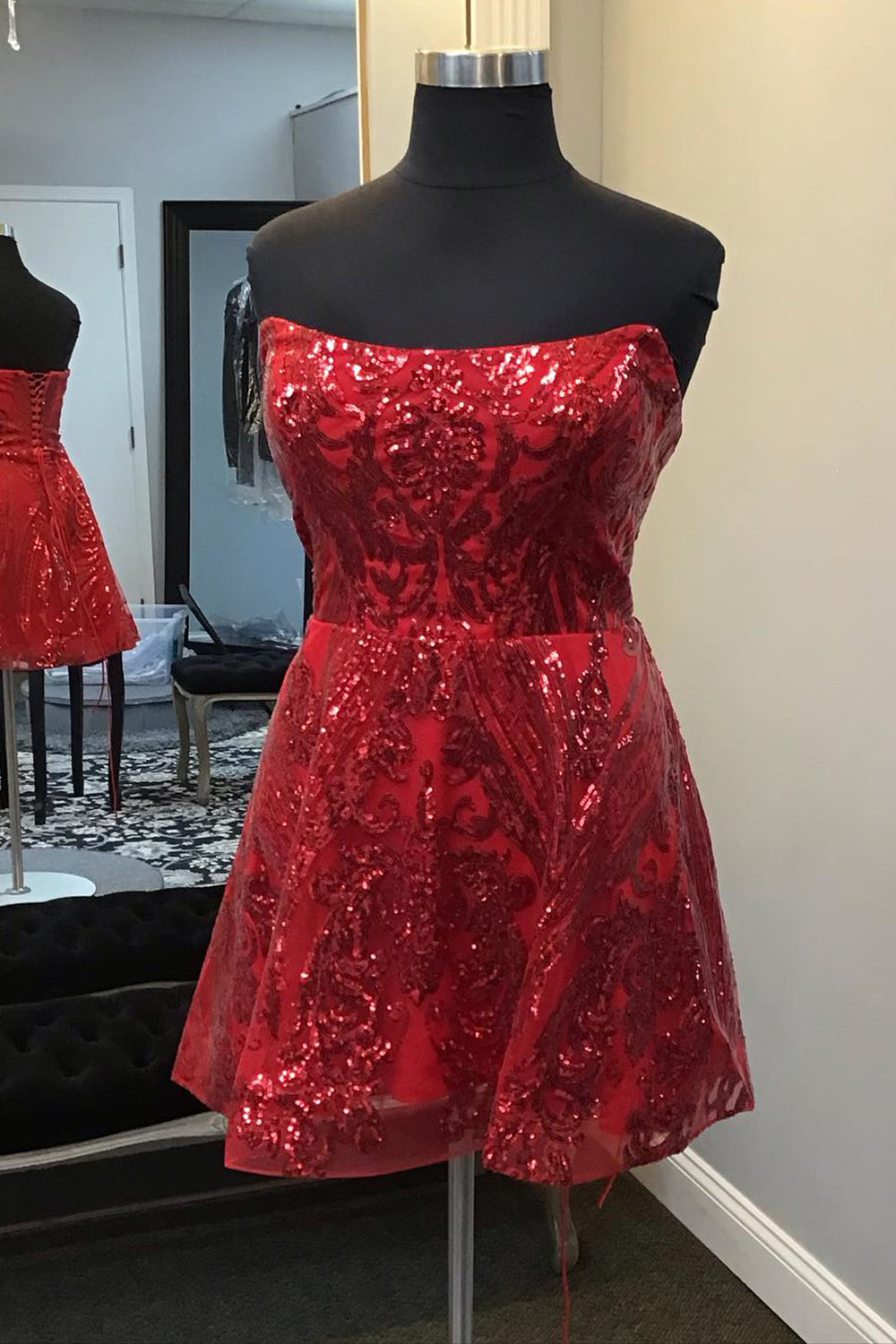 Sparkly Red Strapless A Line Corset Short Homecoming Dress