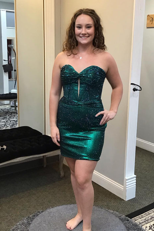 Sparkly Dark Green Strapless Corset Tight Short Homecoming Dress with Beadings