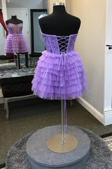 Sparkly Purple Strapless Corset A Line Short Homecoming Dress with Ruffles