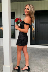 Sparkly Black Off The Shoulder Tight Short Homecoming Dress with Fringes