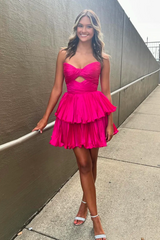 A-Line Fuchsia Strapless Pleated Tiered Short Homecoming Dress