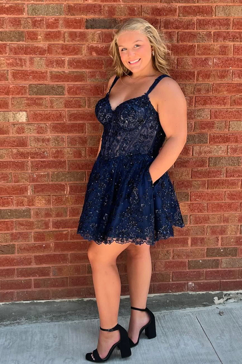 Sparkly Navy Corset Plus Size A Line Short Homecoming Dress