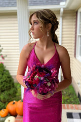 Sparkly Fuchsia Halter Tight Short Homecoming Dress with Beadings