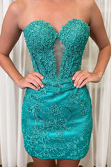 Sparkly Navy Corset Strapless Tight Short Homecoming Dress with Lace