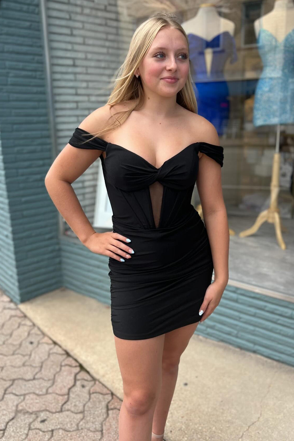 Simple Off The Shoulder Black Corset Tight Short Homecoming Dress