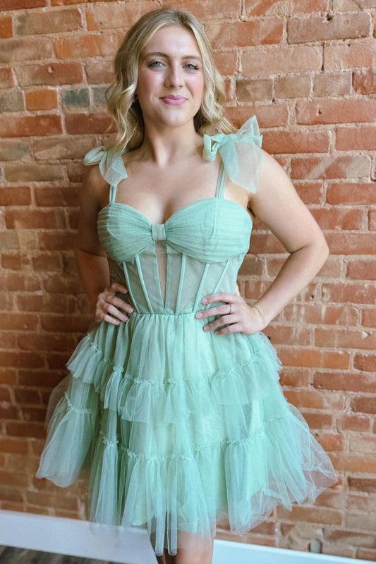 Green Spaghetti Straps Corset A-Line Short Homecoming Dress