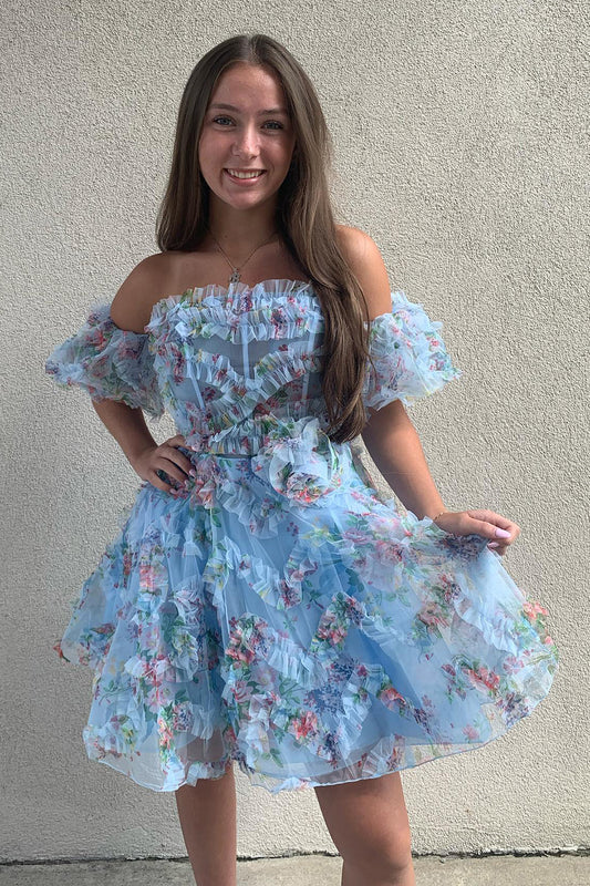 Fluffy Blue Corset Off The Shoulder A-Line Short Homecoming Dress