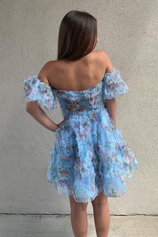 Fluffy Blue Corset Off The Shoulder A-Line Short Homecoming Dress