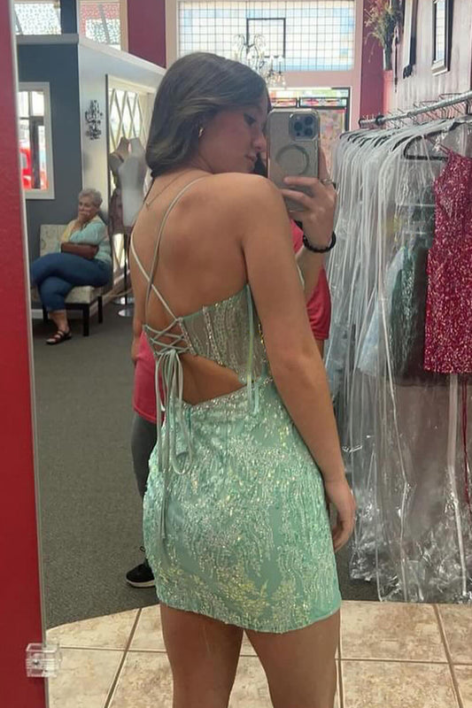 Sparkly Light Green Corset Tight Short Homecoming Dress with Beadings