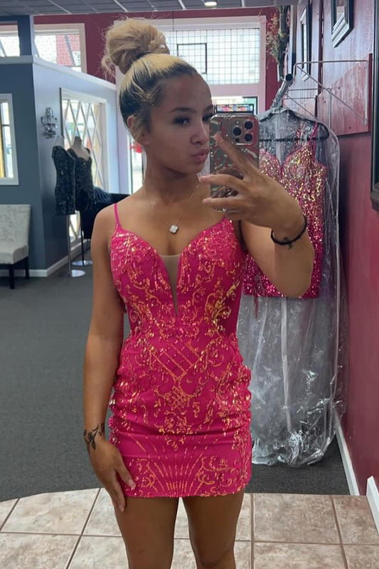 Sparkly Fuchsia Lace Up Back Tight Short Homecoming Dress with Sequins