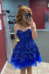 Sparkly Royal Blue Ruffled Strapless Short Homecoming Dress