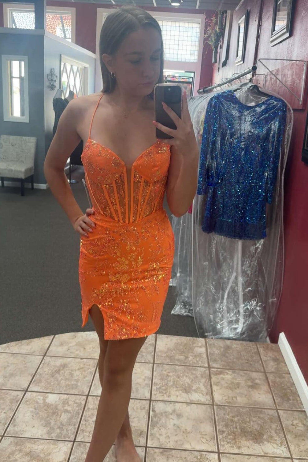 Sparkly Floral Orange Corset Tight Short Homecoming Dress