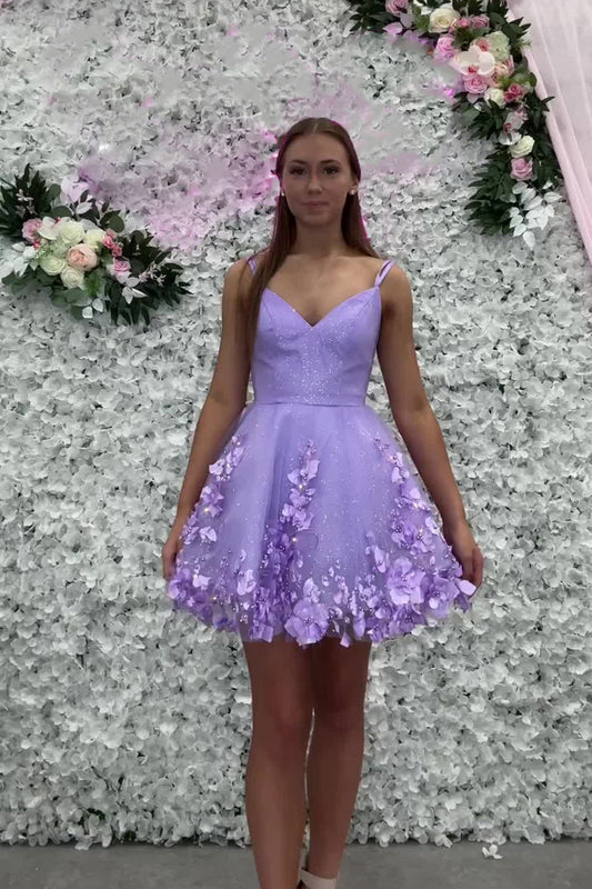 Lavender Floral Spaghetti Straps A-Line Short Homecoming Dress