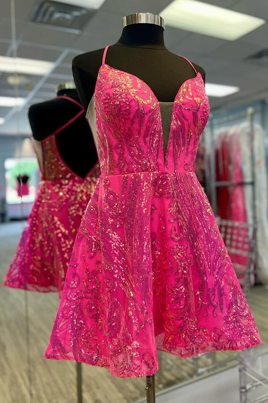 Sparkly Fuchsia A-Line Backless Short Homecoming Dress