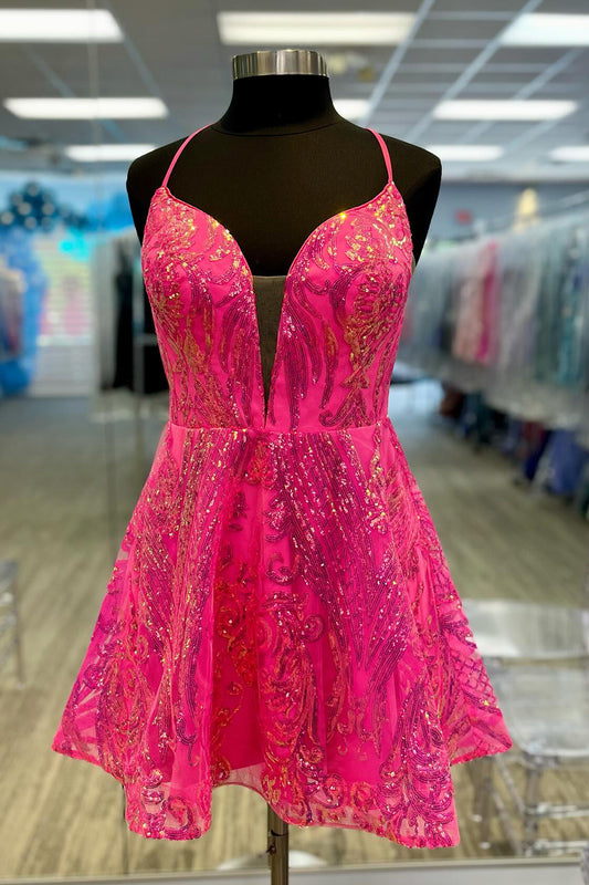 Sparkly Fuchsia A-Line Backless Short Homecoming Dress