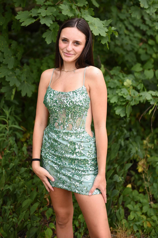 Sparkly Light Green Corset Spaghetti Straps Tight Short Homecoming Dress