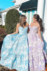 A-Line Blue Sweetheart Floral Corset Long Prom Dress