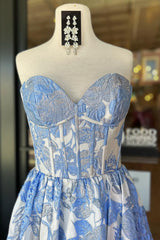 A-Line Blue Sweetheart Floral Corset Long Prom Dress