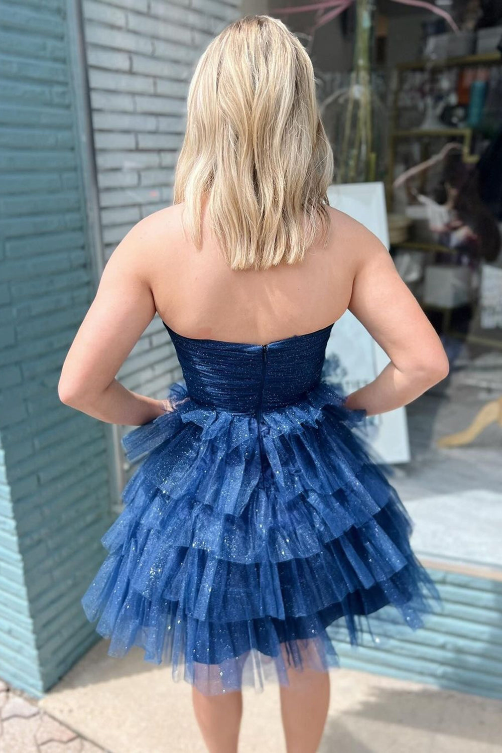 Sparkly A-Line Navy Strapless Tiered Short Homecoming Dress