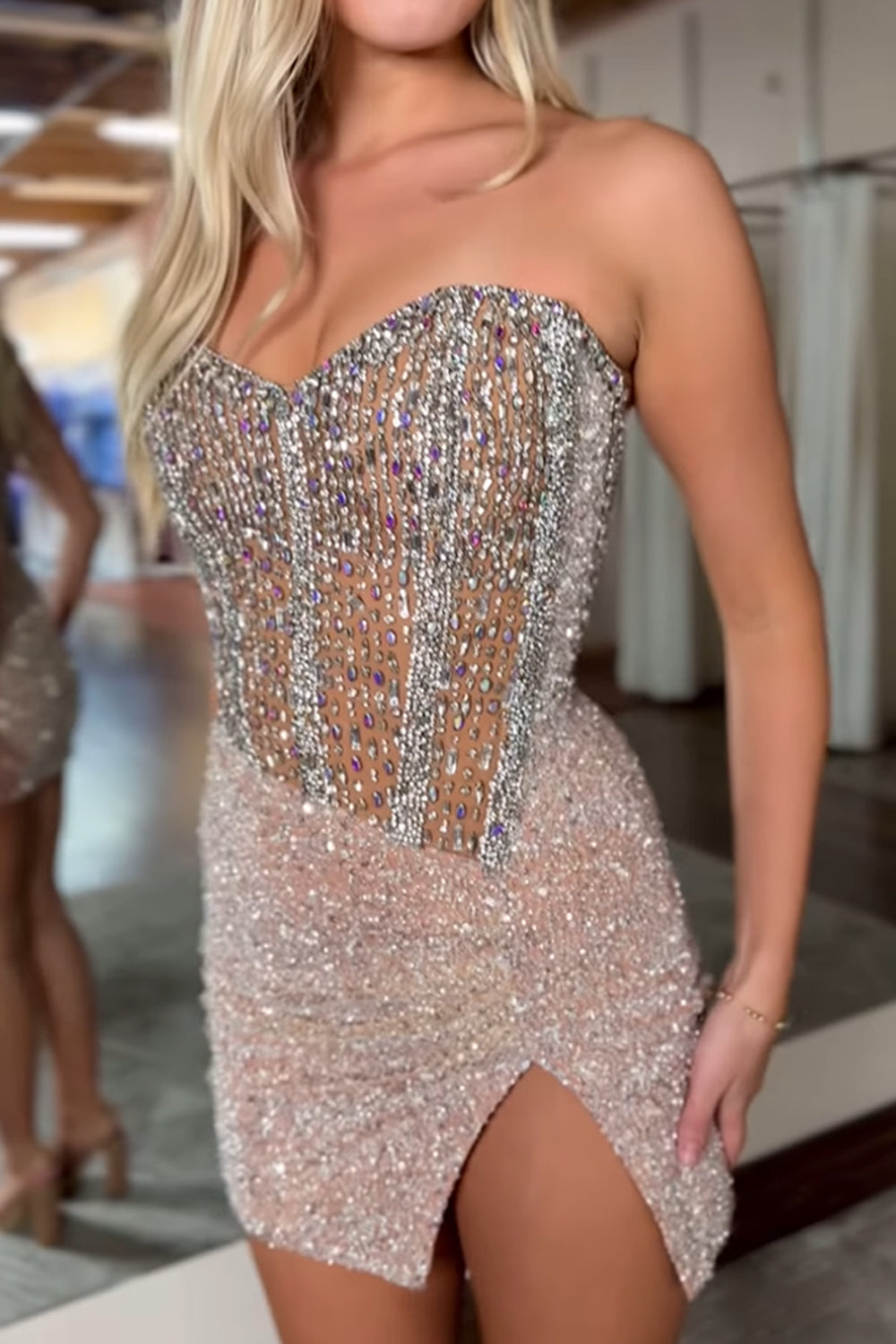 Sparkly Champagne Strapless Corset Short Homecoming Dress