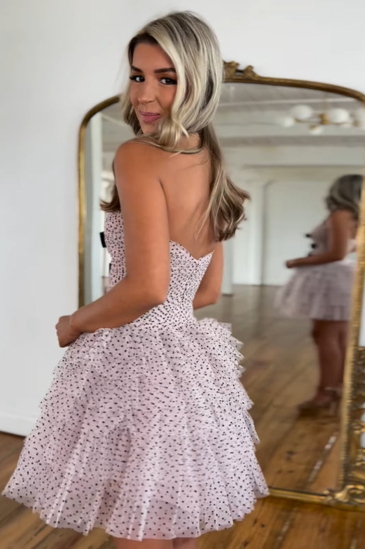 A-Line Pink Strapless Tiered Tulle Short Homecoming Dress with Bows