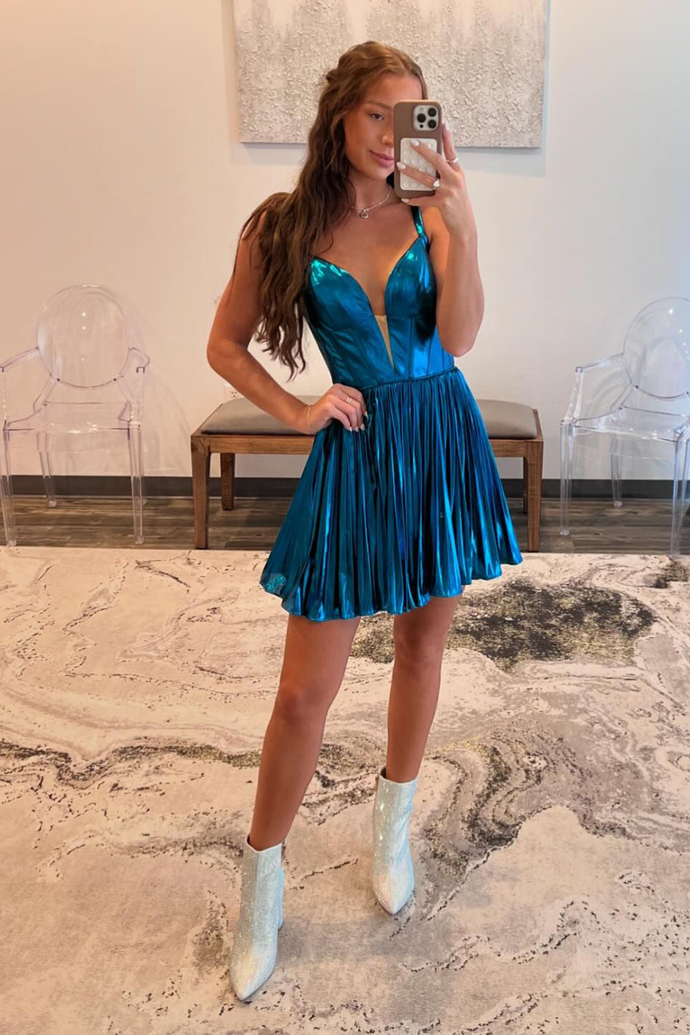 A-Line Blue Spaghetti Straps Metallic Short Homecoming Dress