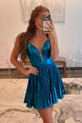 A-Line Blue Spaghetti Straps Metallic Short Homecoming Dress