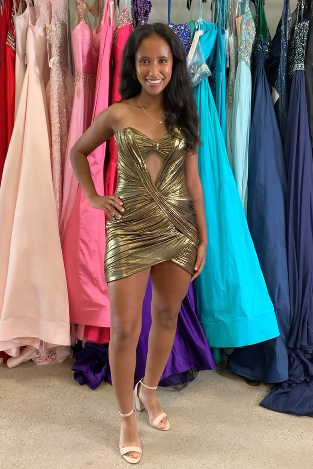 Fuchsia Strapless Tight Metallic Short Homecoming Dress with Keyhole