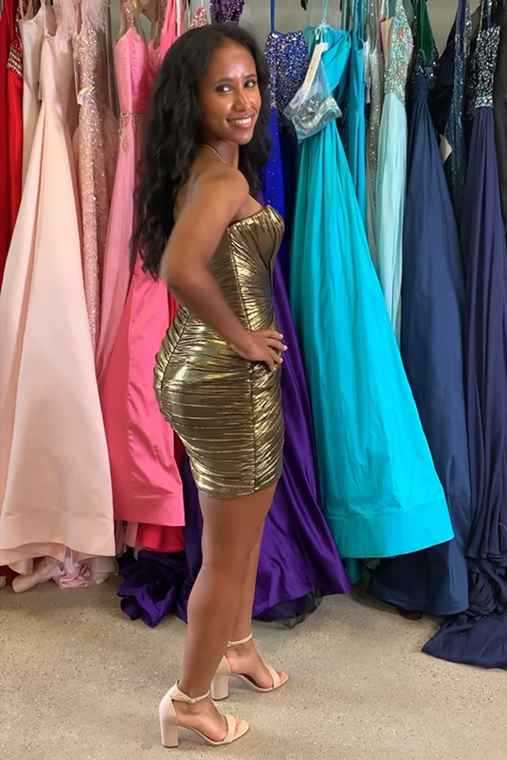 Fuchsia Strapless Tight Metallic Short Homecoming Dress with Keyhole