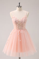 Sparkly Blush Floral Corset A-Line Short Homecoming Dress